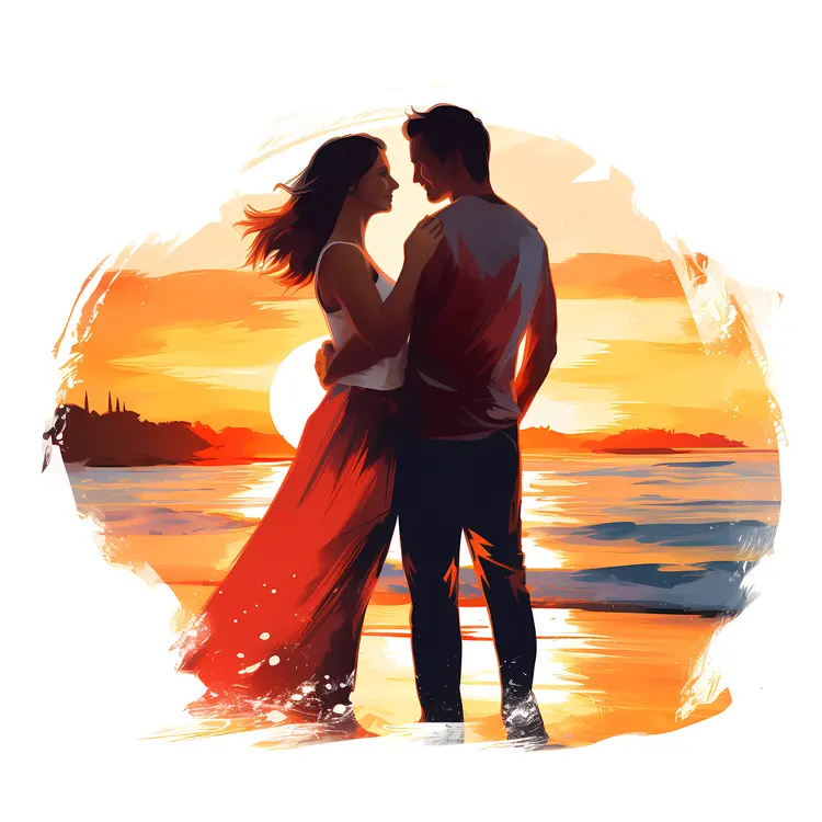 Couple Embracing on Beach at Sunset