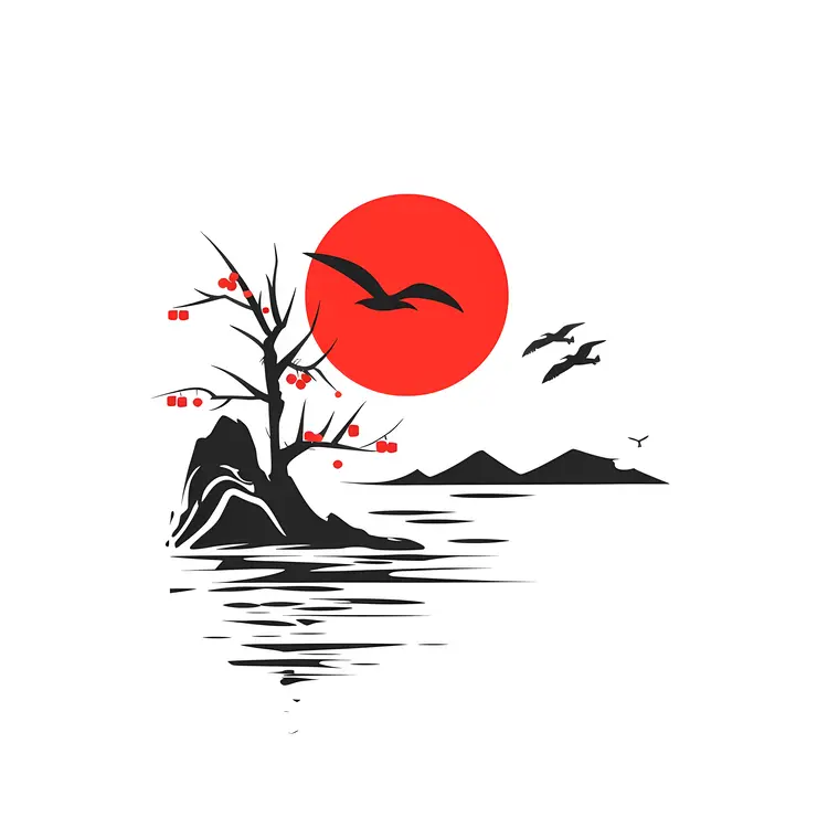 Red Sun and Birds in Nature Scene