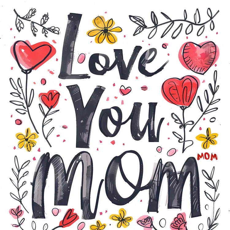 Love You Mom with Colorful Flowers and Hearts