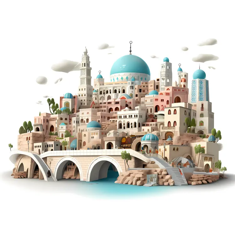 Mediterranean Cityscape with Bridge and Domes
