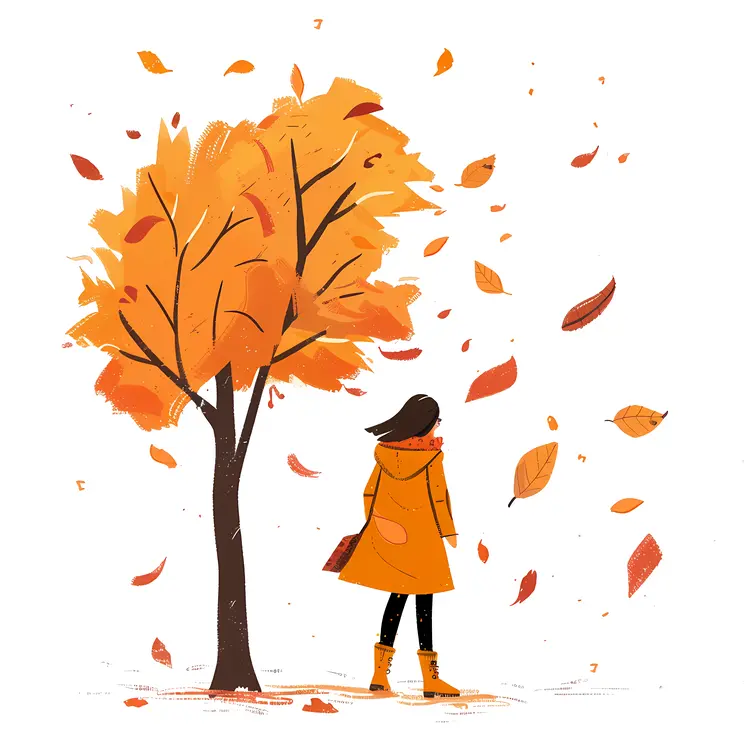 Person in Orange Coat with Autumn Tree