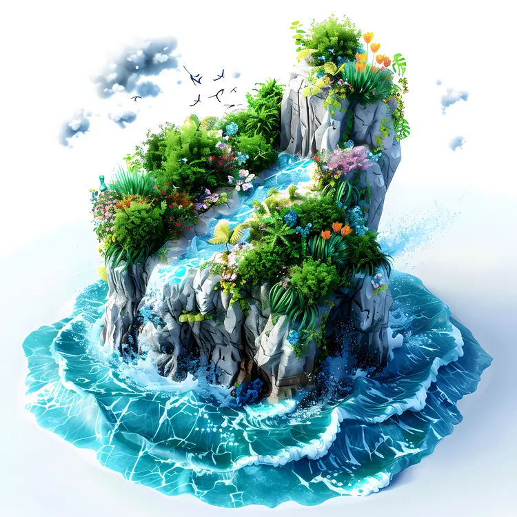 Island with Waterfall and Lush Vegetation