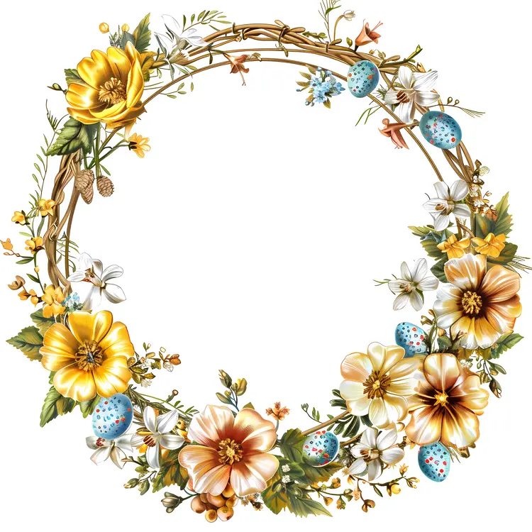 Floral Wreath with Yellow Flowers and Easter Eggs