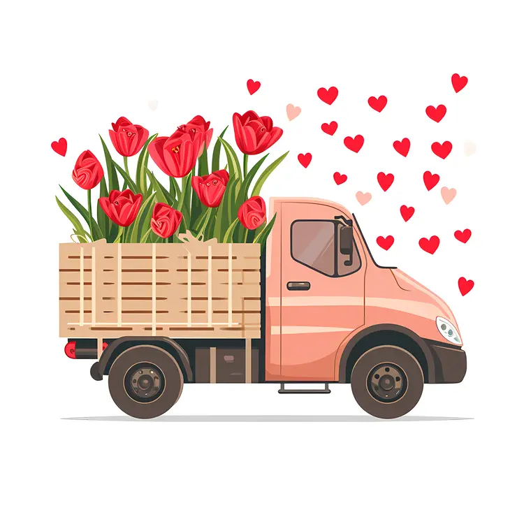 Pink Truck with Red Tulips and Hearts