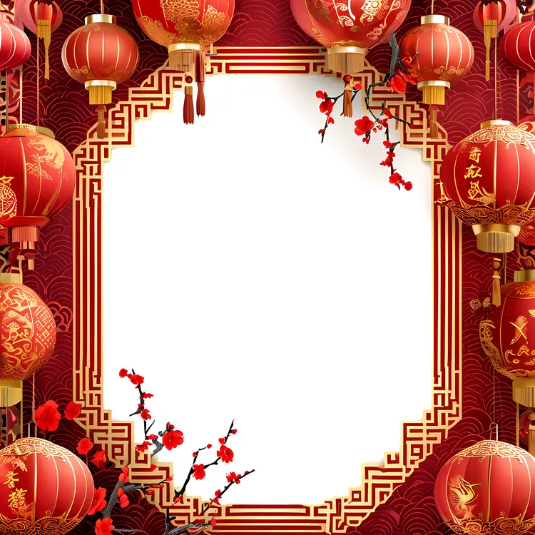 Red Lanterns and Flowers Decorative Frame for Chinese New Year