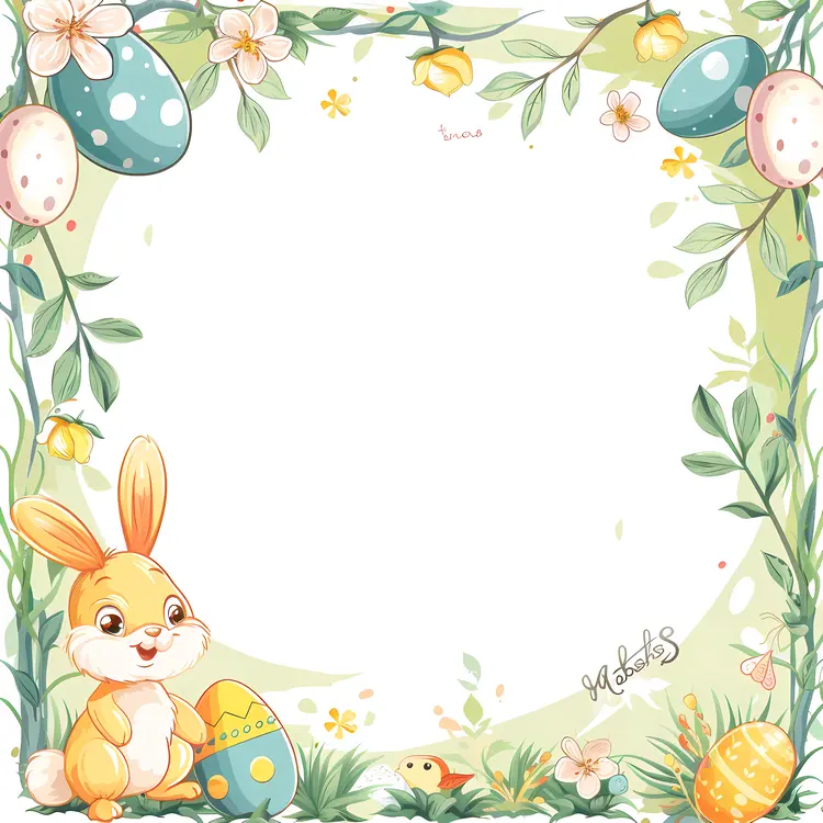 Easter Bunny with Colorful Eggs and Flowers