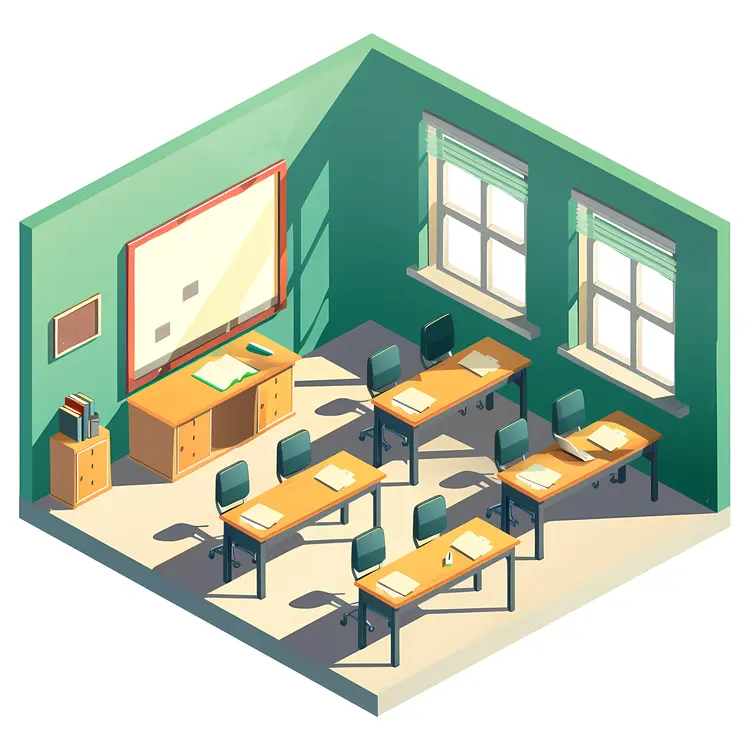 Isometric Classroom with Desks and Chairs
