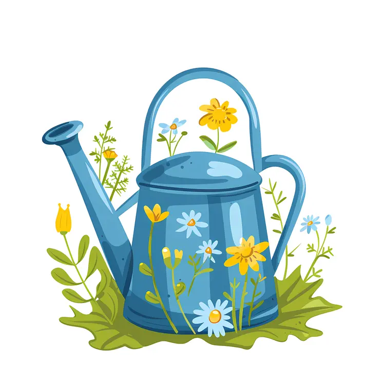 Blue Watering Can with Flowers Drawing