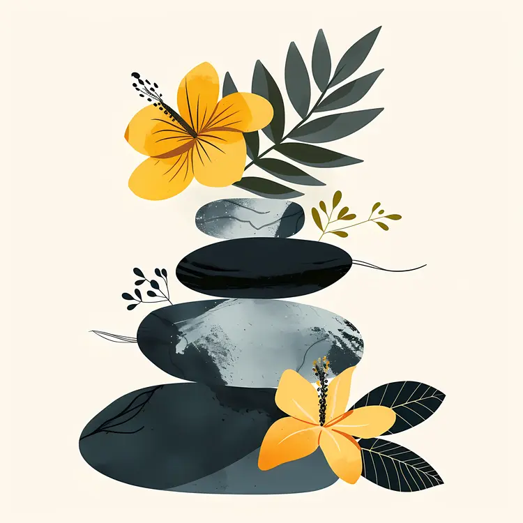 Zen Stacked Stones with Leaves and Yellow Flowers