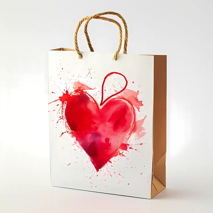 White Gift Bag with a Red Watercolor Heart for Valentine's Day