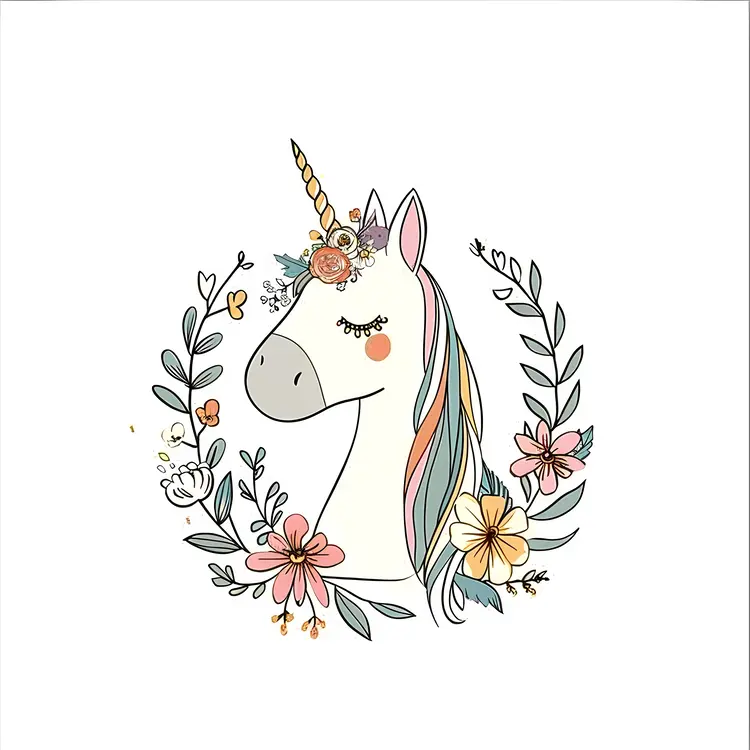 Unicorn with Colorful Mane and Floral Wreath