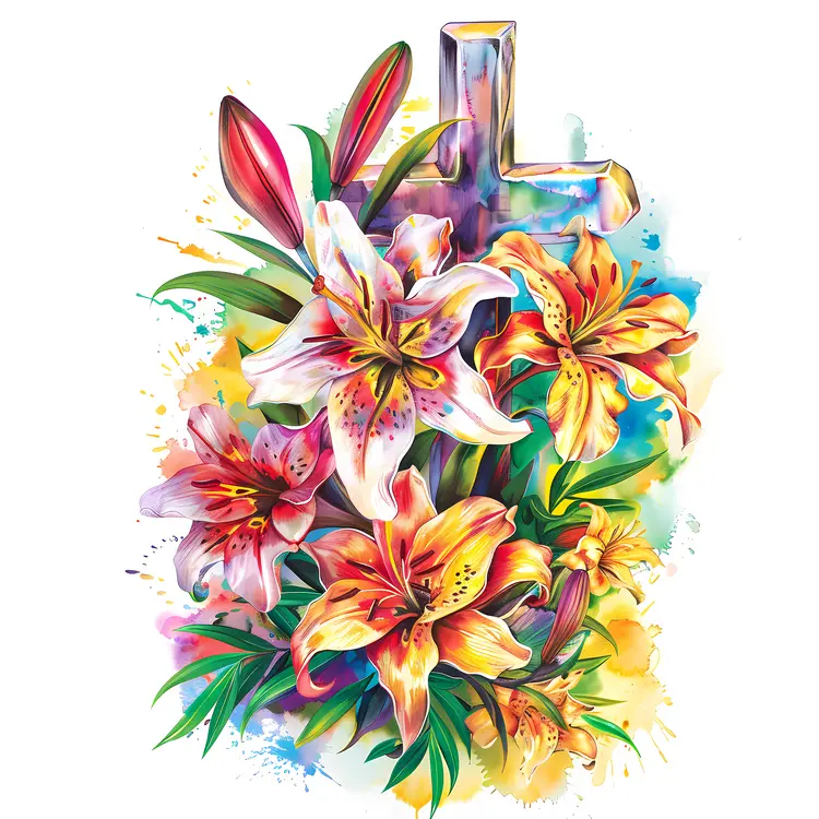 Colorful Lilies and Cross for Easter