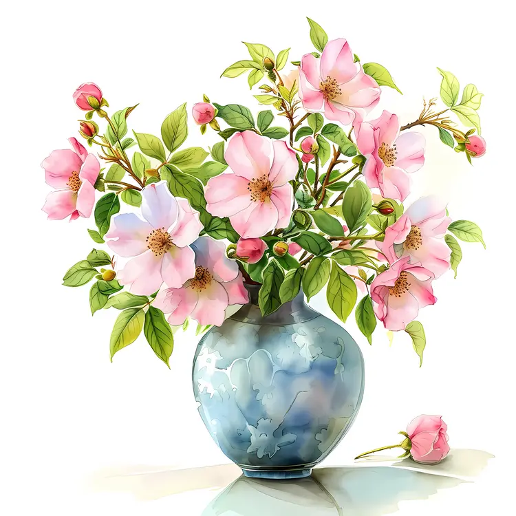 Vase of Pink Flowers with Blue Vase