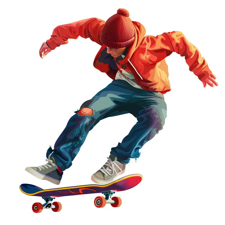 Skateboarder in Red Jacket Performing a Trick
