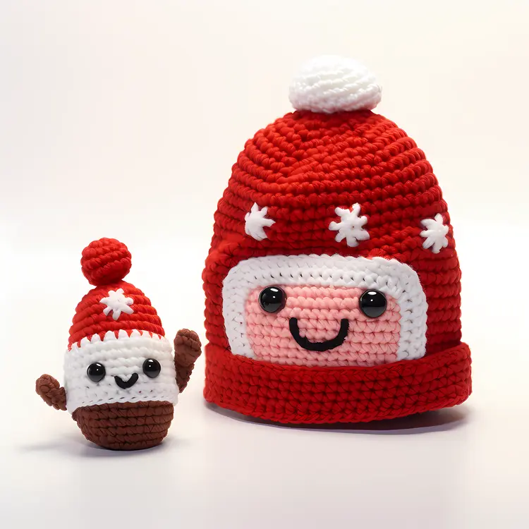 Smiling Face with Red and White Crochet Hat