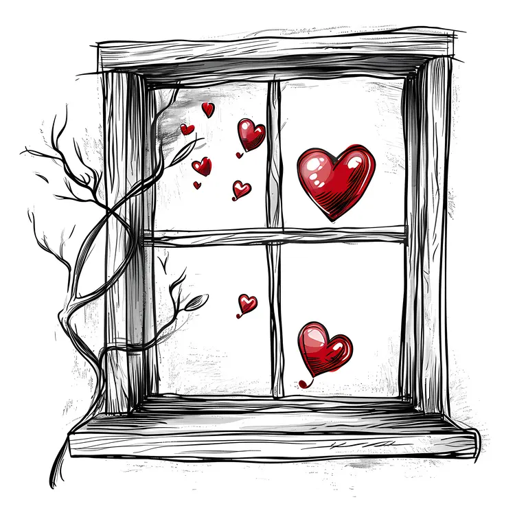 Hearts in Window Illustration for Valentine's Day
