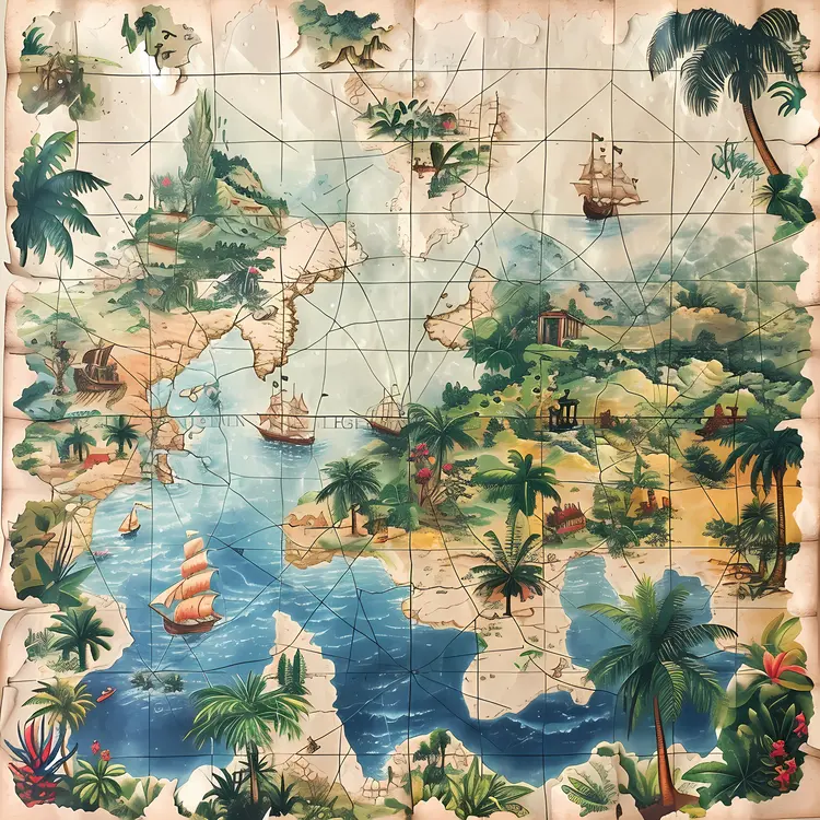 Colorful Antique Map with Ships and Tropical Islands