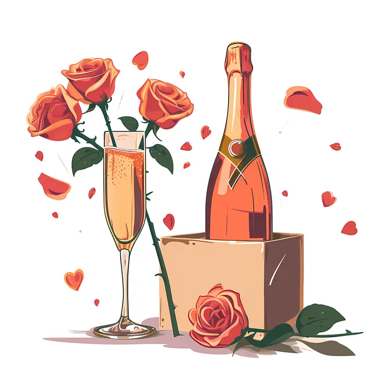 Champagne Bottle and Roses with Glass