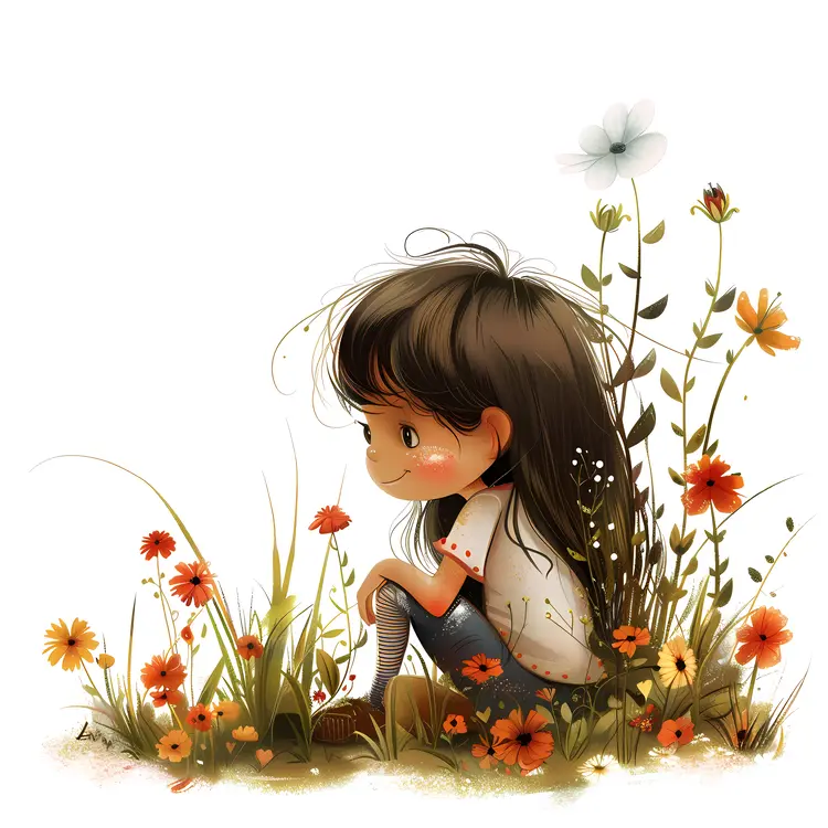 Cute Girl Sitting Among Flowers