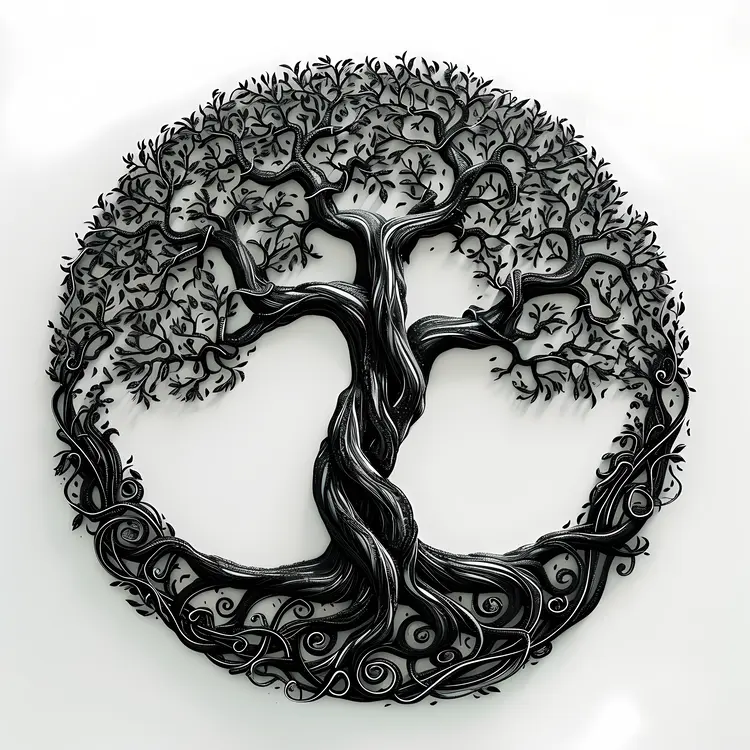Black Tree with Detailed Branches and Leaves in a Circle
