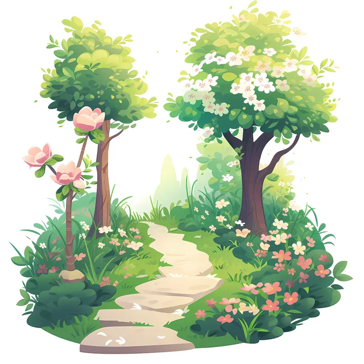 Beautiful Garden Path with Blossoming Trees