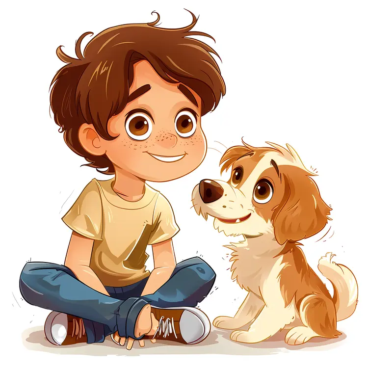 Cute Illustration of Child Sitting with Puppy