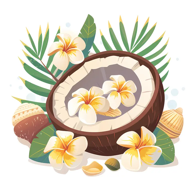 Coconut with Flowers and Leaves