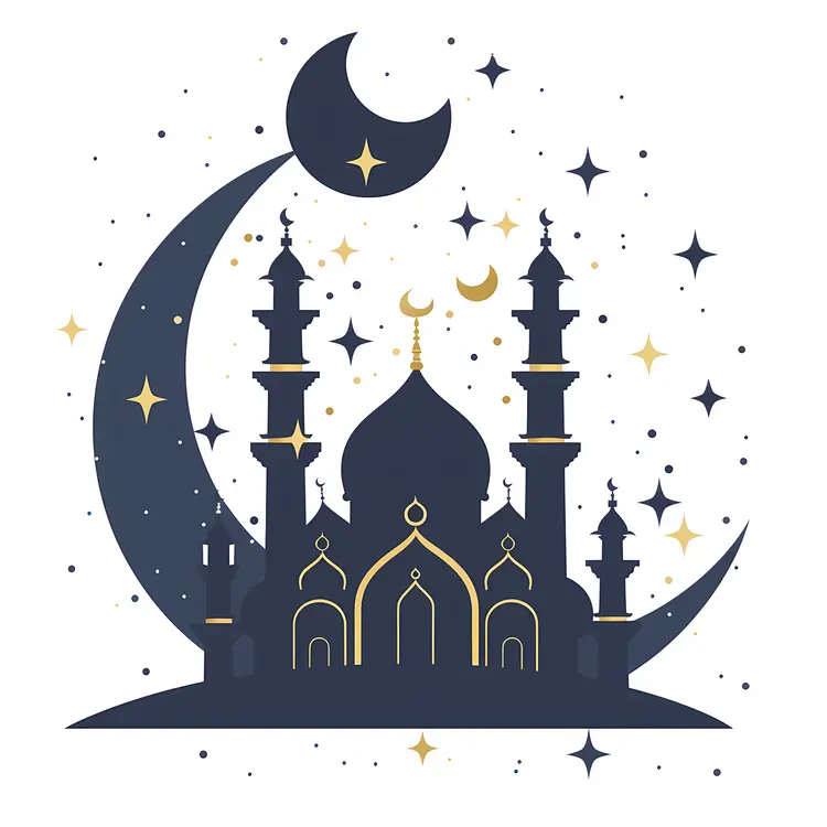 Dark Blue Mosque with Minarets and Crescent Moon
