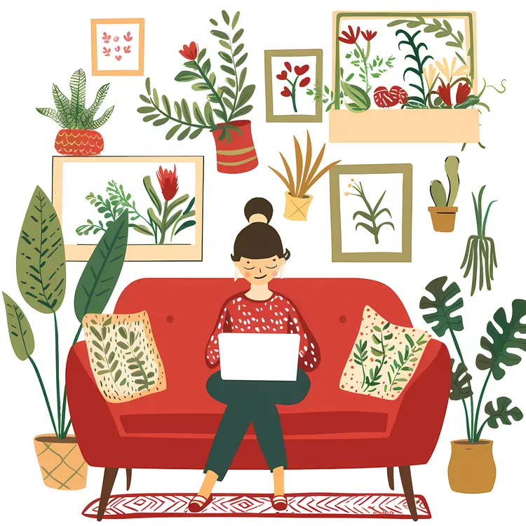 Woman Working on Laptop on Red Sofa