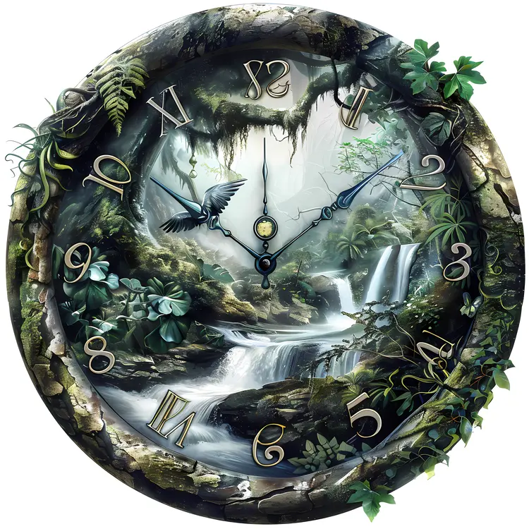 Nature-Inspired Clock with Waterfall and Birds