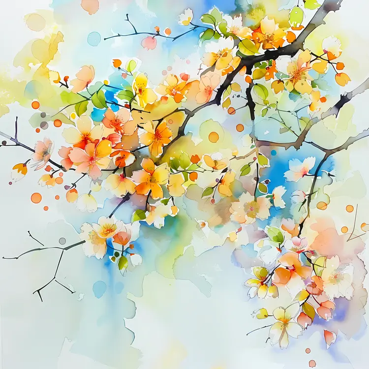 Vibrant Yellow and Orange Blossoms on a Branch