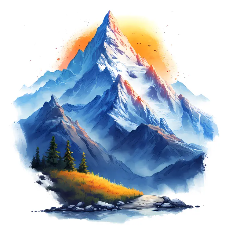 Mountain Landscape with Sunset and River