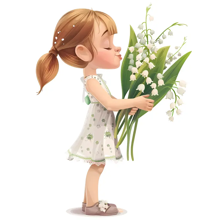Little Girl with Flowers in White Dress