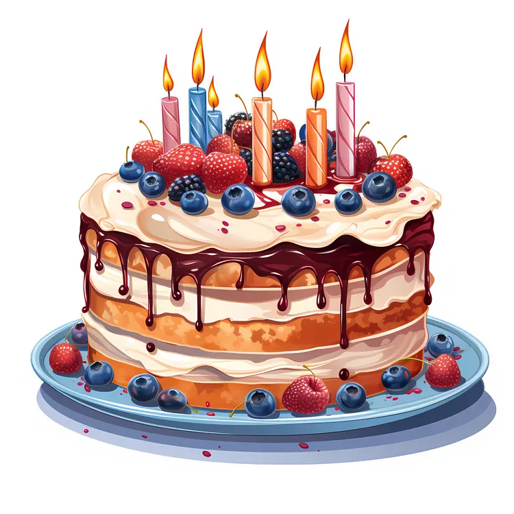 Delicious Birthday Cake with Candles and Berries