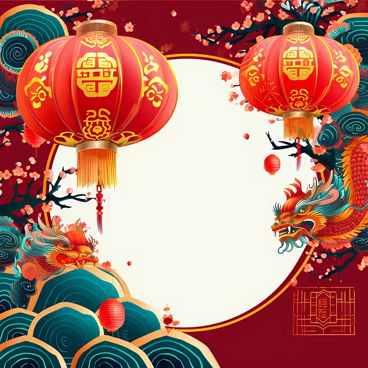 Red Lanterns with Dragon and Floral Elements