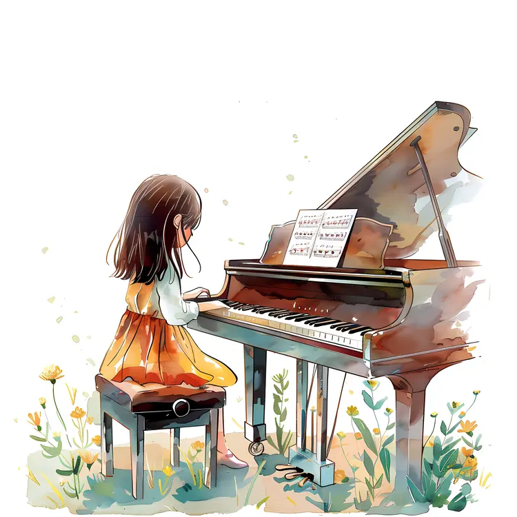 Girl Playing Piano Illustration