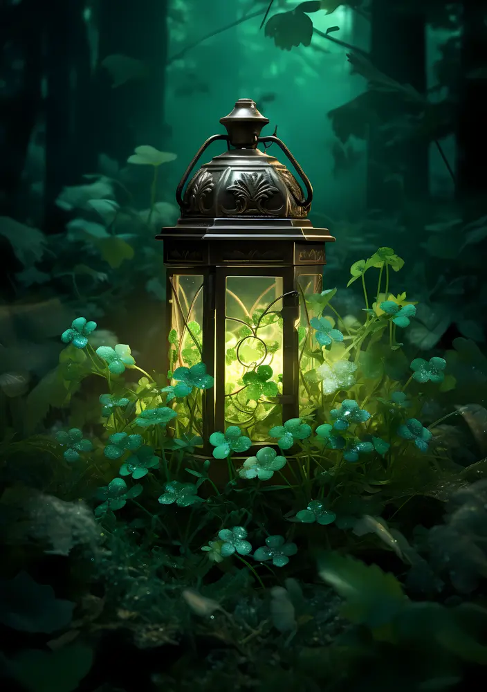 Mystical Lantern in Forest with Clover