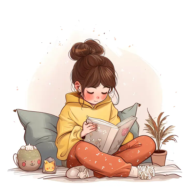 Girl Reading Book with Pillow
