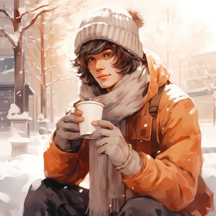 Young Man with Coffee Cup in Winter Outfit