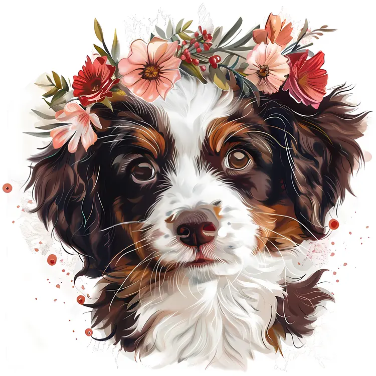 Puppy with Floral Wreath