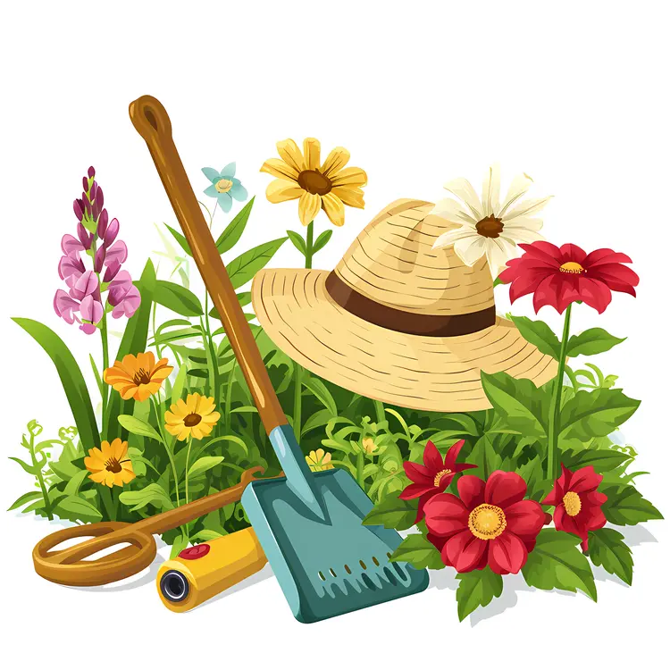 Gardening Tools and Colorful Flowers with Straw Hat