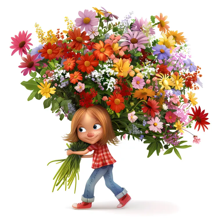 Girl Carrying a Bunch of Colorful Flowers