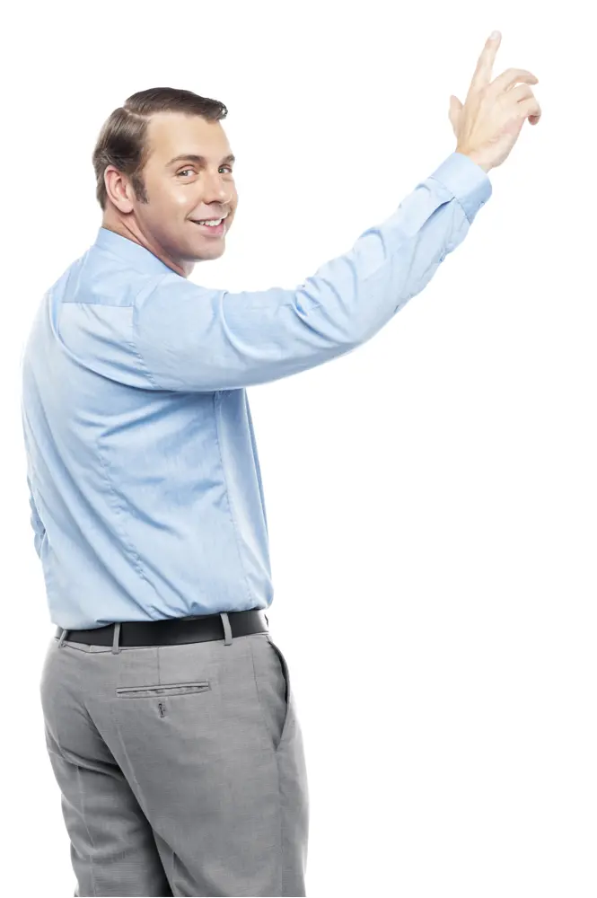 Smiling Man in Shirt Pointing