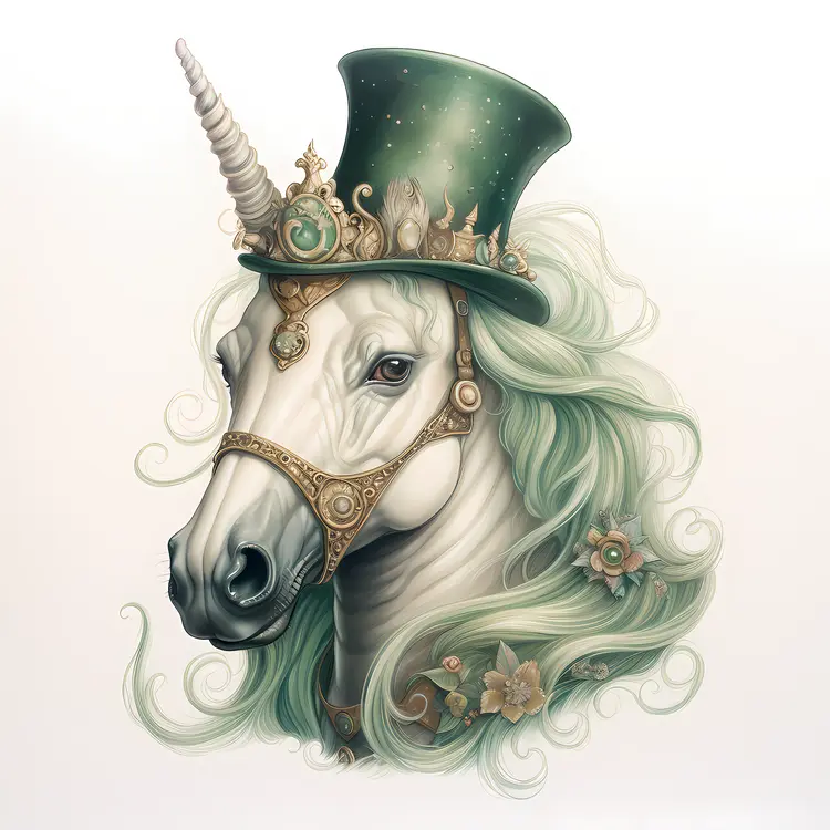 Elegant White Unicorn with Green Hat