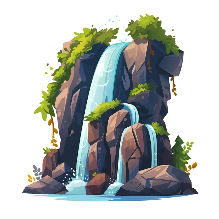 Cartoon Waterfall with Rocks and Plants
