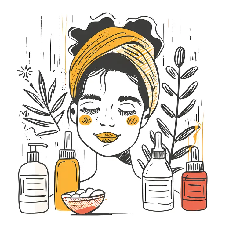 Woman with Skincare Products and Leaves