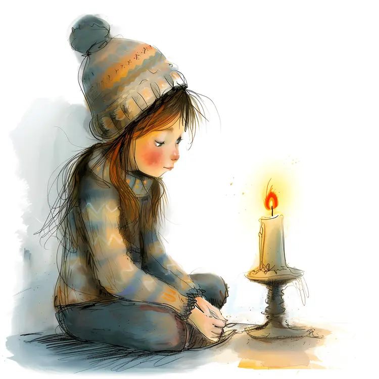 Girl Sitting by Candle in Winter
