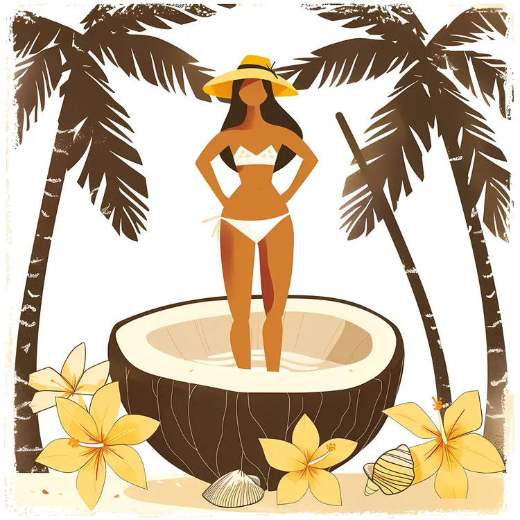 Woman in Bikini with Coconut and Palm Trees