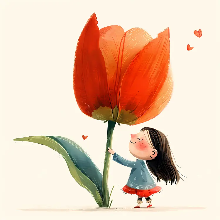 Girl with Hearts and Giant Red Tulip