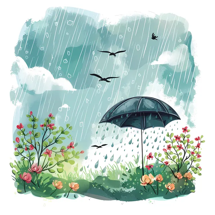 Black Umbrella in Rainy Garden